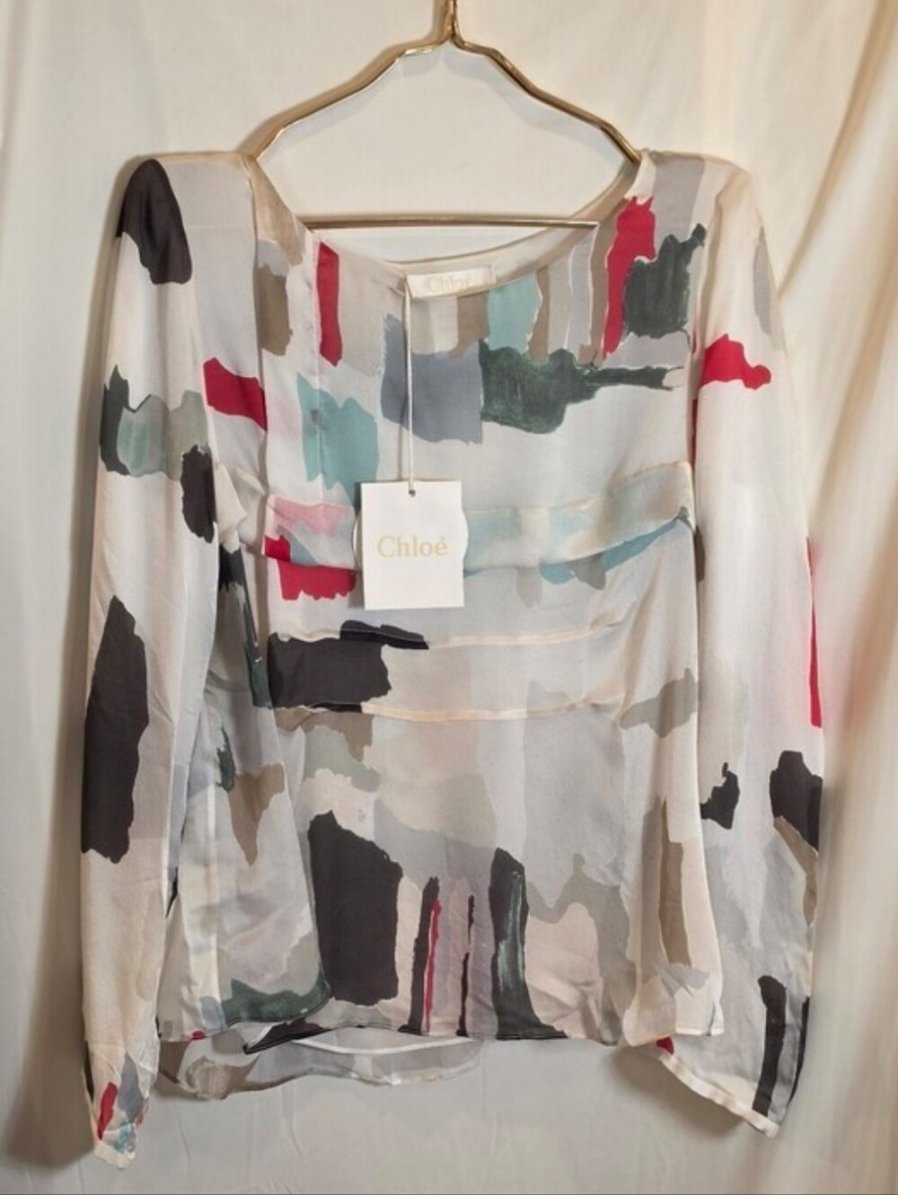 Chloe Vintage Silk Blend Abstract Paint Print Sheer Blouse Top Size FR 40 US 8